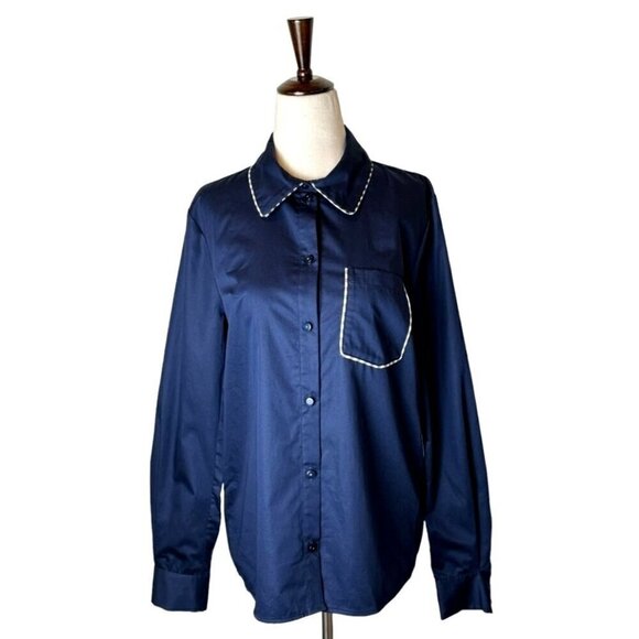 Baum Und Pferdgarten‎ Shirt Women Medium Blue Cotton Gingham Trim Button Down - Picture 1 of 11